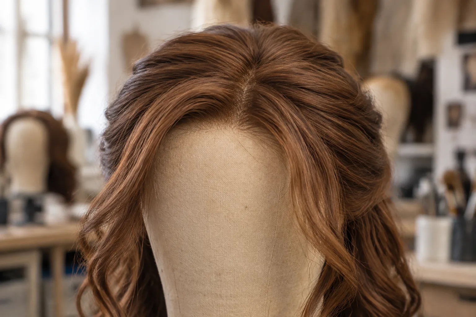 A chestnut wig on a cork block has a relaxed off-centre parting and softly falling front sections.