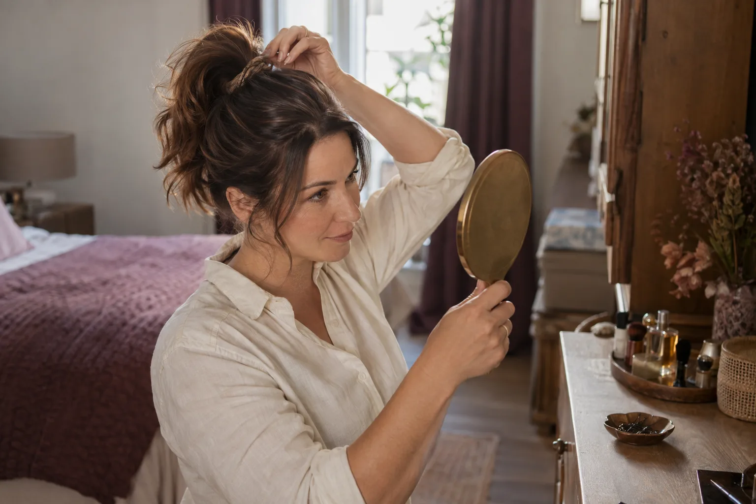 Woman with wavy brunette hair securing a high ponytail with a wrapped elastic beside a bedroom dressing table