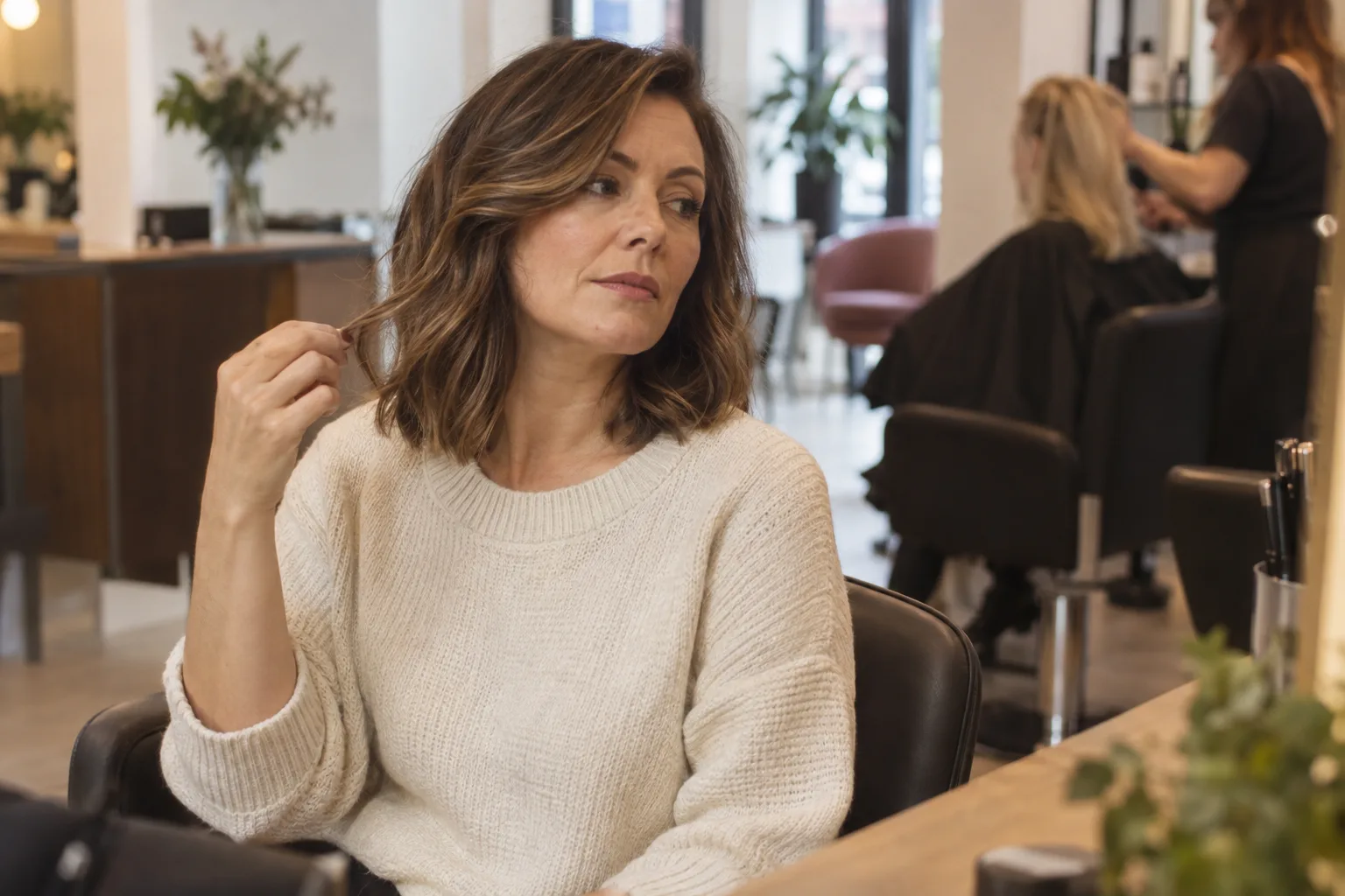 Woman with side-parted brunette waves gently separating a front section of her lob at a Manchester salon mirror